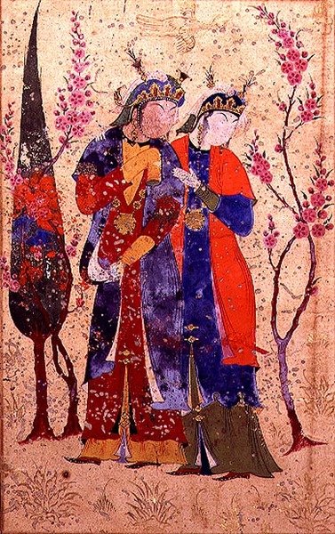 Duas princesas numa paisagem de jardim, da Tohfat Al-Ahrar, Escola de Bokhara de Persian School