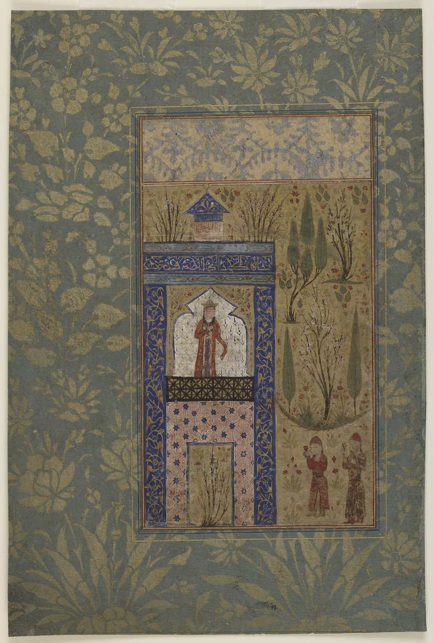 Dois jovens diante de uma princesa em uma janela, c.1417-18 (aquarela opaca e ouro sobre papel) de Persian School
