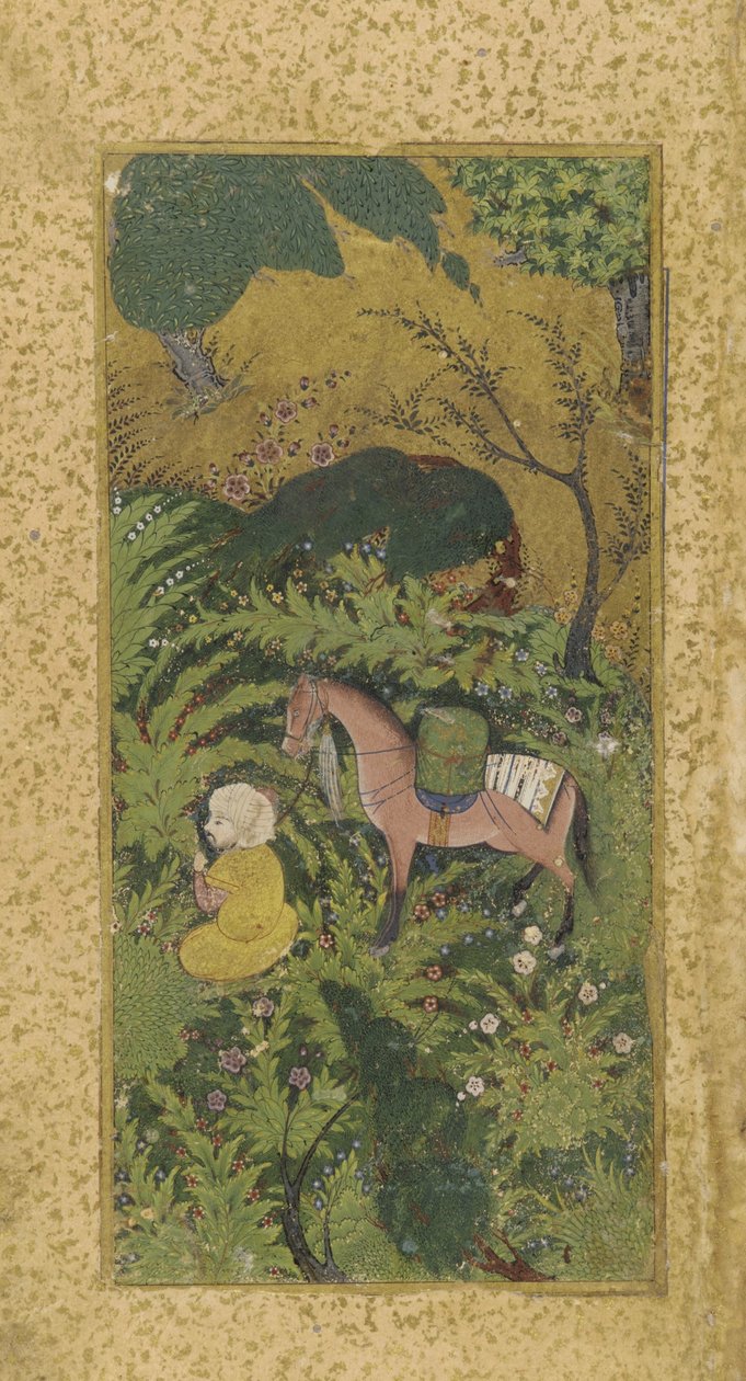 Esperando noivo com cavalo no bosque arborizado, provavelmente Tabriz, dinastia turcomana, c.1500 (aquarela opaca e ouro sobre papel) de Persian School