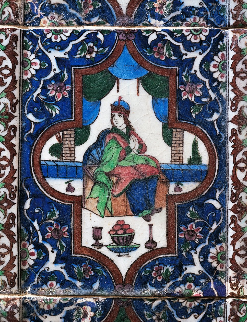 Mulher sentada, azulejo de cerâmica pintado, civilização persa de Persian School