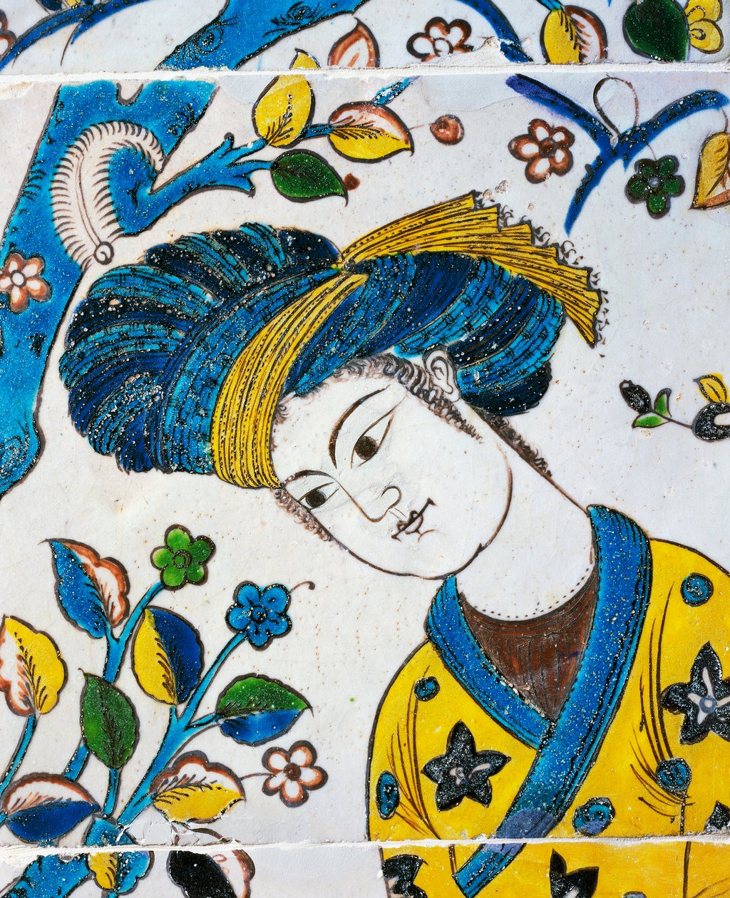 Jovem com turbante, jogos no jardim, detalhe de azulejo de cerâmica de Chehel Sotoun, Isfahan, civilização persa de Persian School
