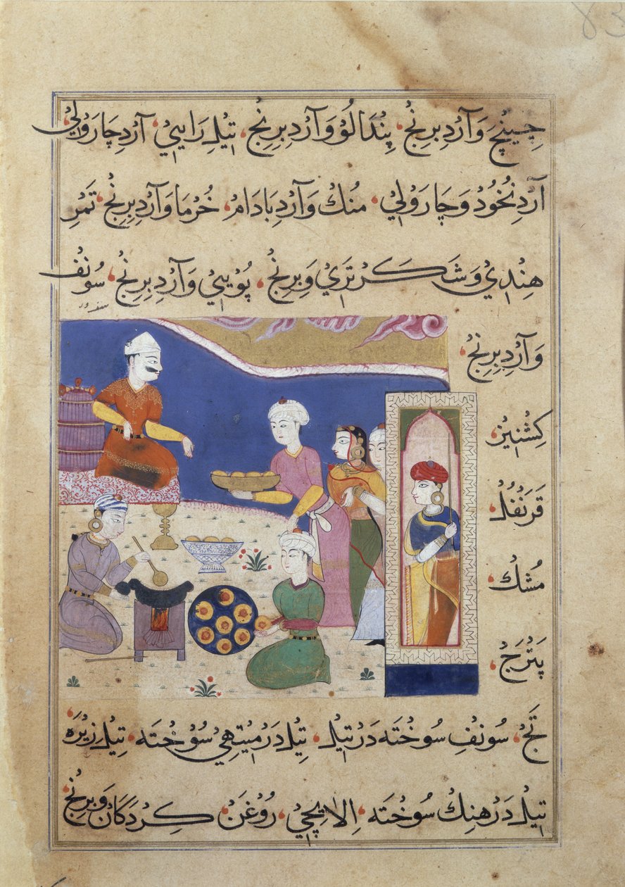 f.83v Preparação de doces para o Sultão de Mandu, a partir de um manuscrito sobre a cozinha indiana (vellum) de Persian School