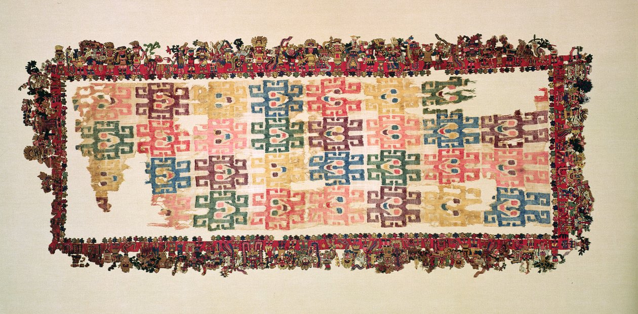 Fragmentos de manto, conhecidos como The Paracas Textile, Nazca Culture, 200-600 AD (algodão e lã) de Peruvian School