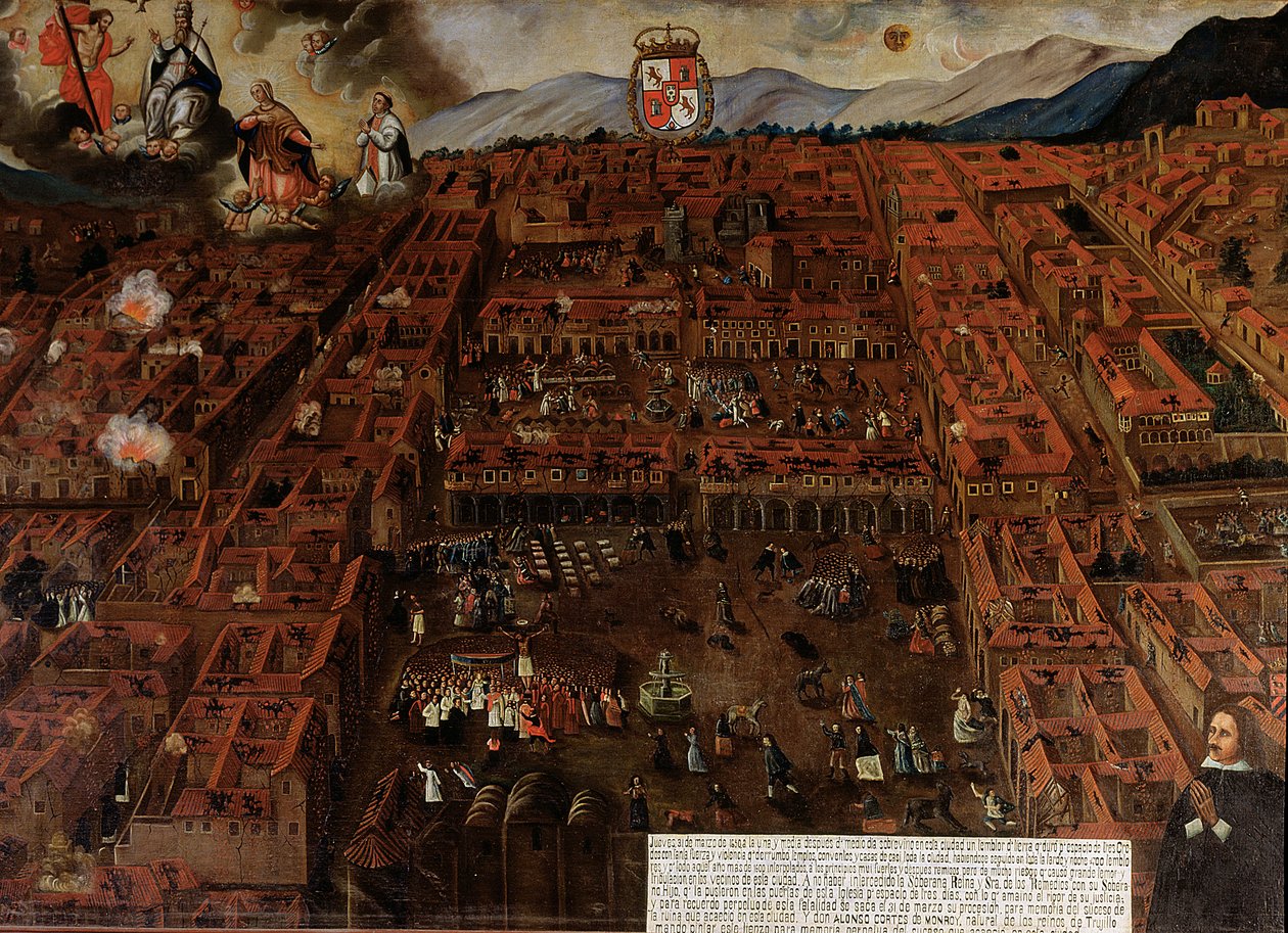 Vista de Cuzco no momento do terremoto de 1650 de Peruvian School
