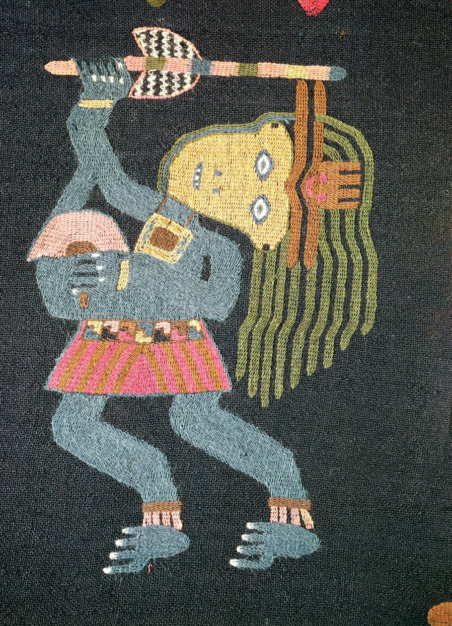 Dançarino de lã tecida com bastão, tribo de Paracas (têxtil) (veja também 231826) de Peruvian School