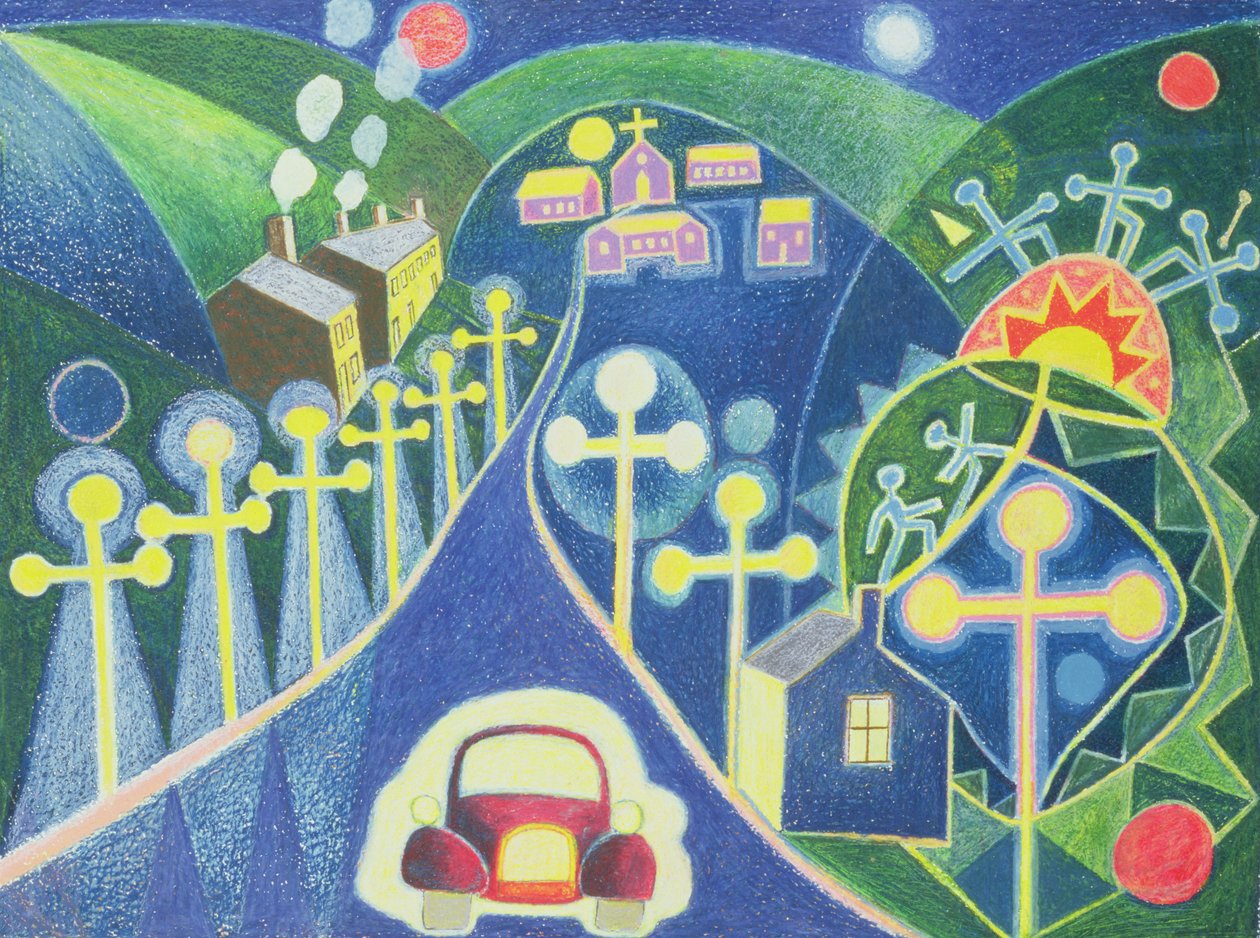 Mystical Village, 1985 (pastel de óleo sobre papel) de Peter Davidson