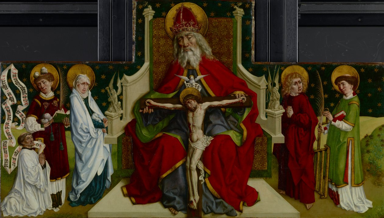 A Trindade com a Virgem, São João Evangelista, Stephen e Lawrence e um Doador, 1479 de Peter Hemmel