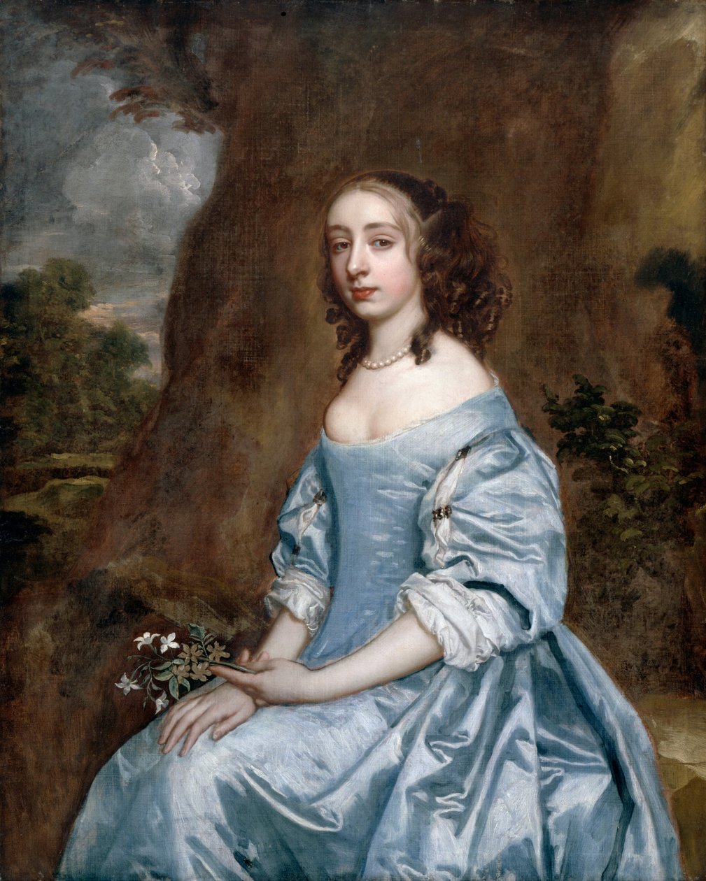 Retrato, de, um, senhora, em, azul, segurando, um, flor de Peter Lely