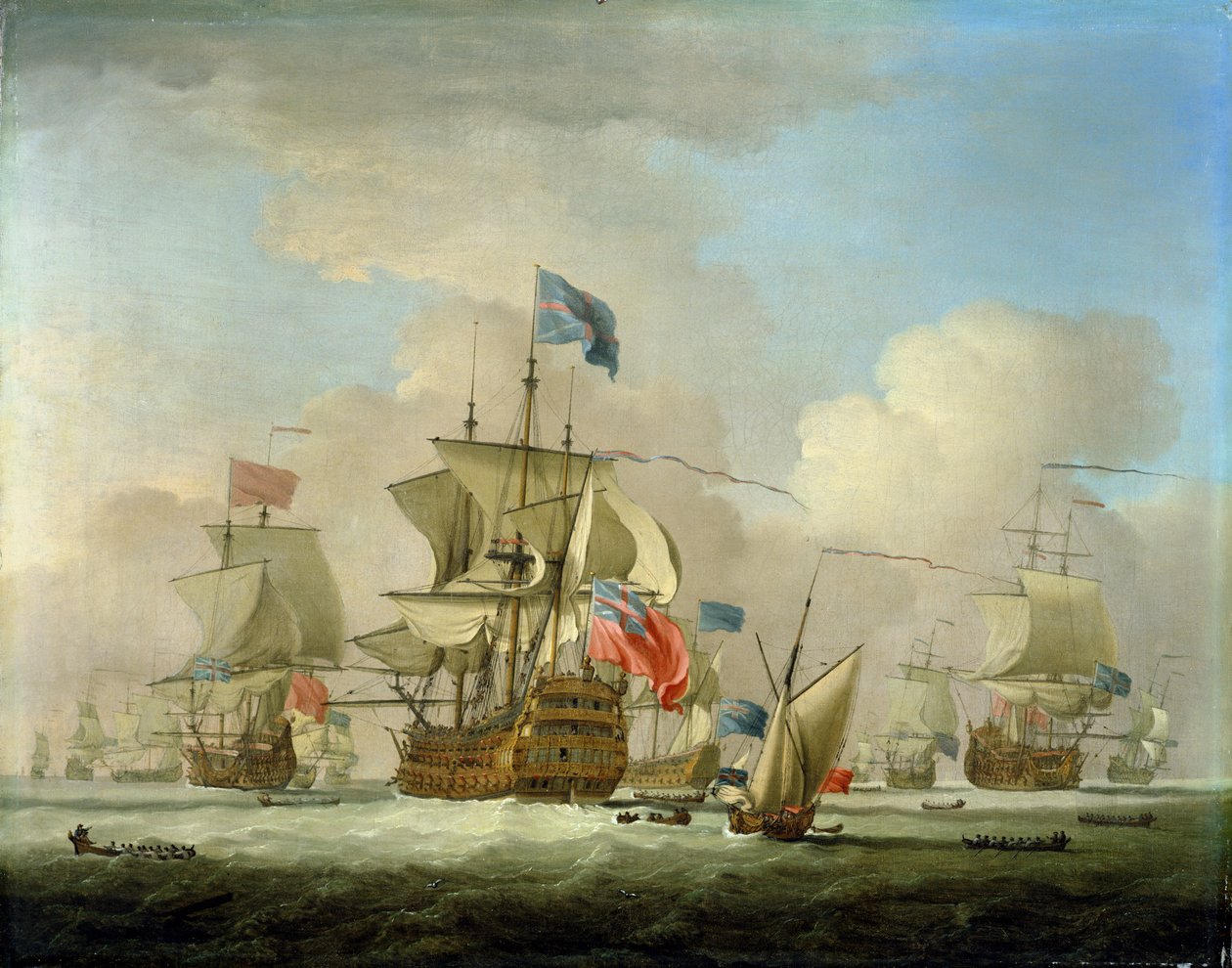 Homens de guerra britânicos e um chalupa, c.1720-30 de Peter Monamy