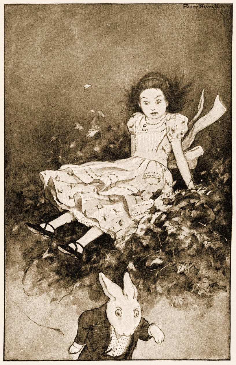 Abaixo ela encontrou um monte de folhas secas, ilustração para Lewis Carrolls Alices no País das Maravilhas, 1901 de Peter Newell