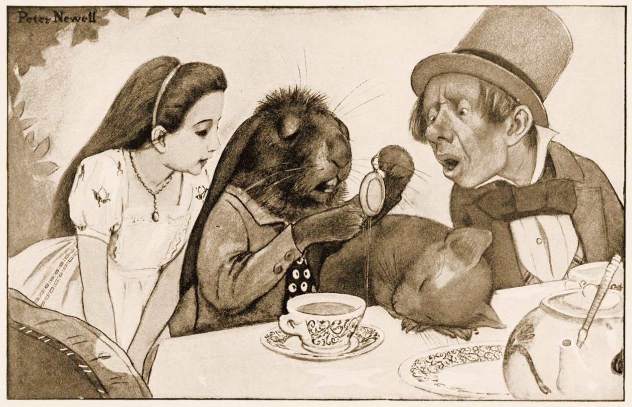 "Ele mergulhou em sua xícara de chá e olhou para ele de novo", ilustração para Alice Carroll&39;s "s Adventures in Wonderland, 1901 de Peter Newell