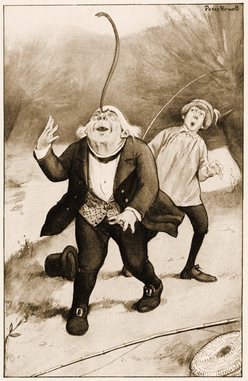 "Velho padre William equilibrando uma enguia na ponta do nariz", ilustração para as aventuras de Alice no País das Maravilhas de Lewis Carroll, 1901 de Peter Newell