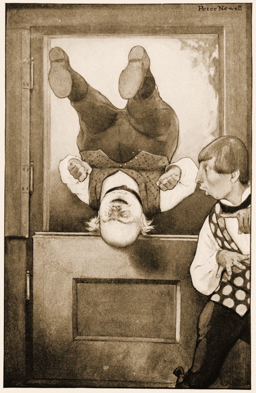 "O velho padre William dando cambalhotas na porta", ilustração para as aventuras de Alice no País das Maravilhas de Lewis Carroll, 1901 de Peter Newell