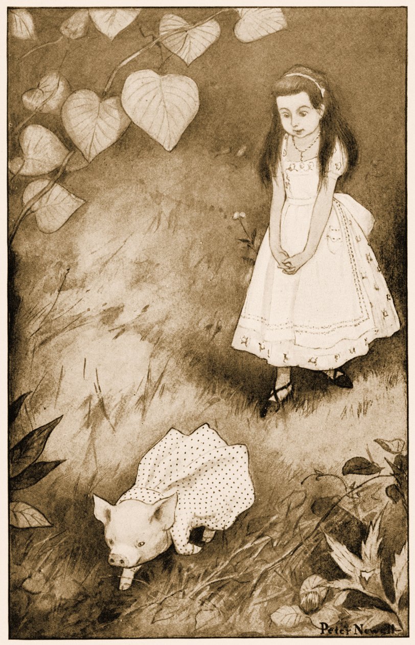 "Então ela colocou a criaturinha para baixo", ilustração de Alice Carroll&39;s "s Adventures in Wonderland, 1901 de Peter Newell