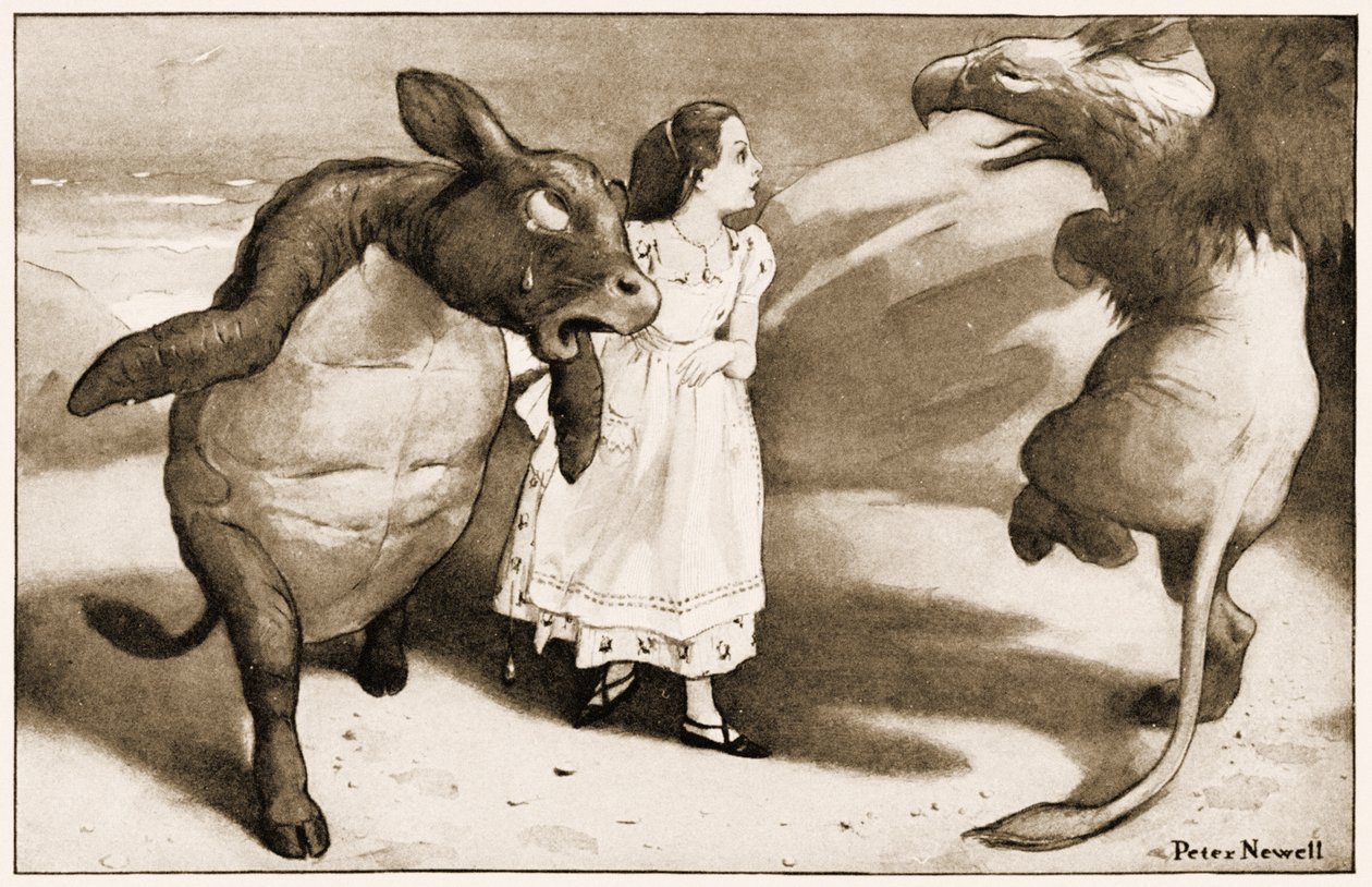 Eles começaram solenemente dançando em volta de Alice, ilustração de Lewis Carrolls Alices no País das Maravilhas, 1901 de Peter Newell