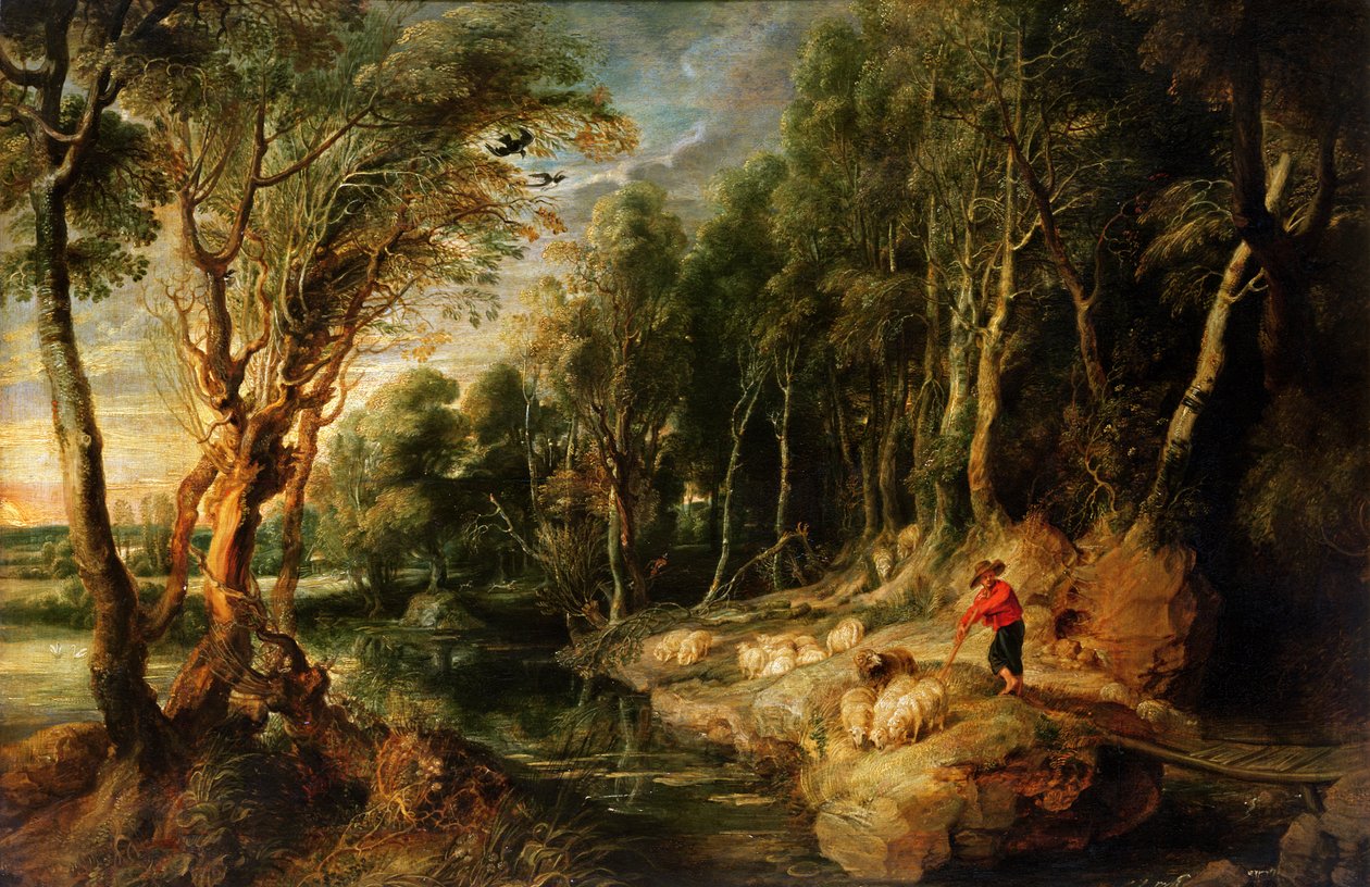 Um pastor com seu rebanho em uma paisagem arborizada, c.1615-22 (óleo em carvalho) de Peter Paul Rubens