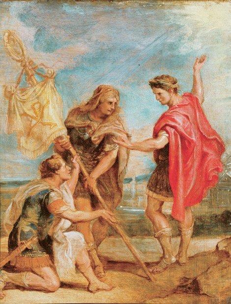 Constantino recebe o padrão com o monograma de Cristo como o sinal imperial de Peter Paul Rubens
