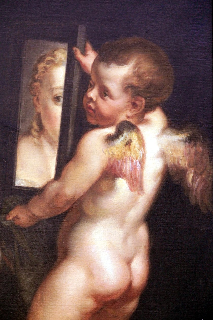Cupido segurando um espelho, detalhe do óleo sobre tela Venus e Cupido segurando um espelho de Peter Paul Rubens