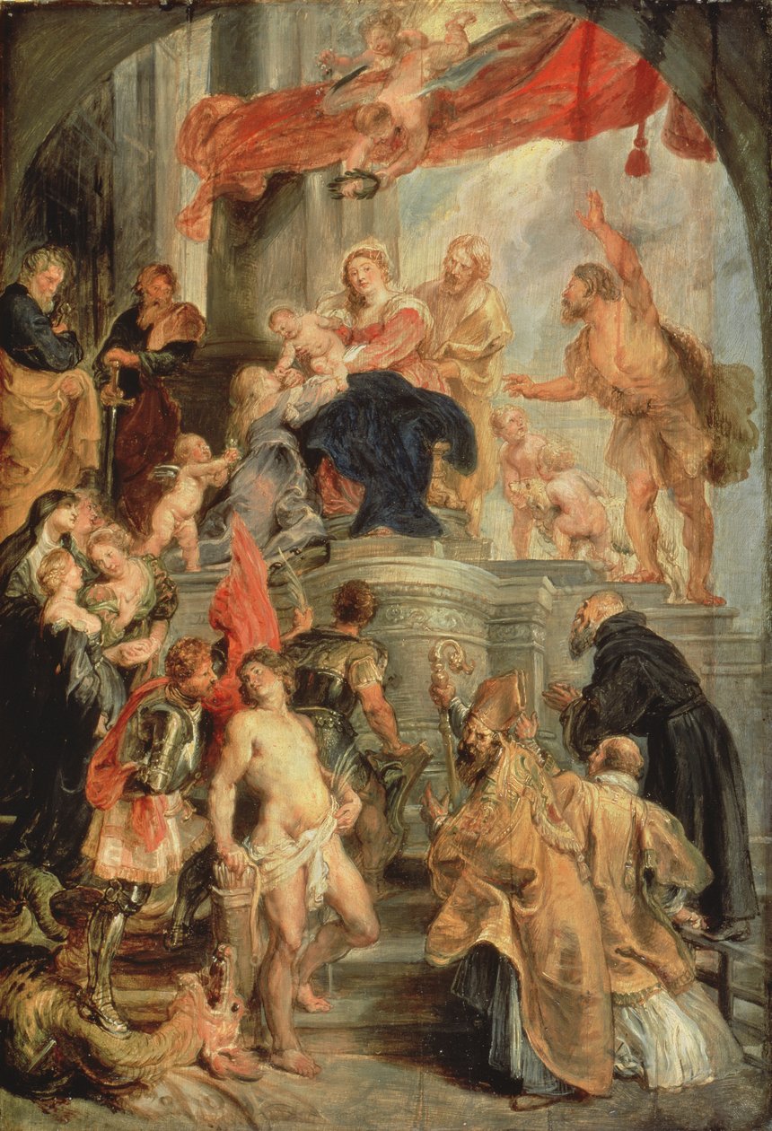 Madonna entronizada com a criança, cercada por santos, c.1627-28 de Peter Paul Rubens