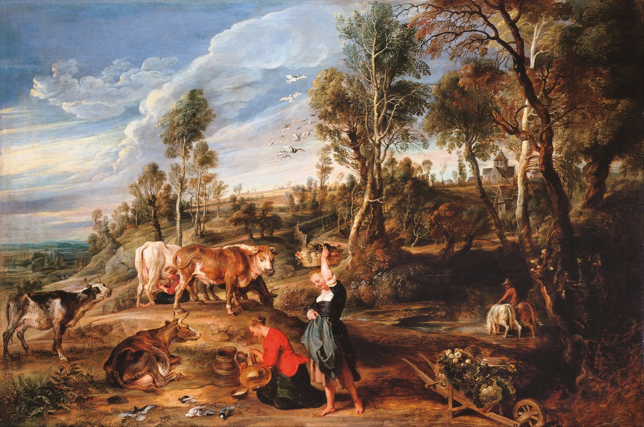 Milkmaids com gado em uma paisagem, a fazenda em Laken de Peter Paul Rubens