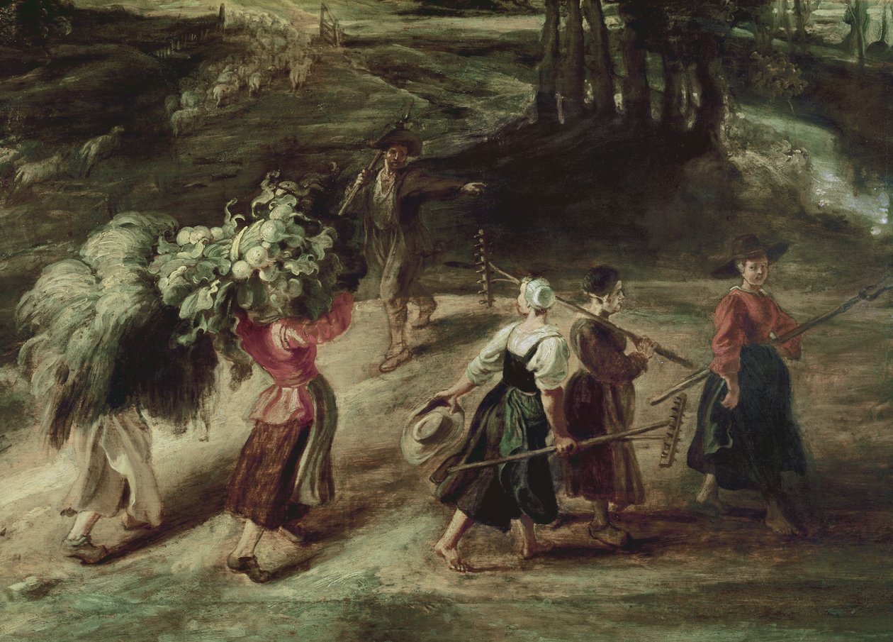 Camponeses retornando dos campos, detalhe de um grupo de mulheres camponesas em primeiro plano, c.1632-34 óleo no painel de Peter Paul Rubens