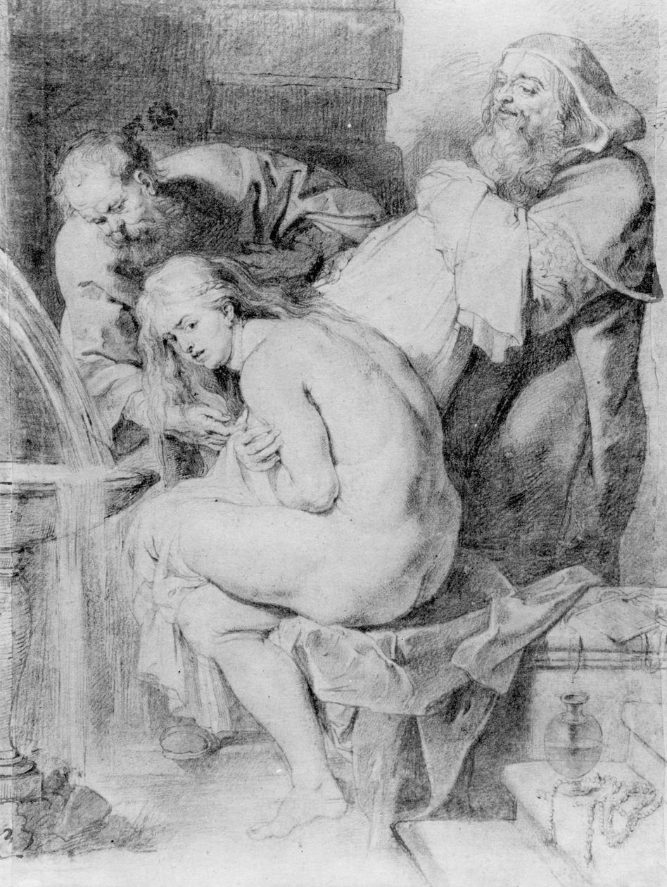 Susanna and the Elders, desenhada por Lucas Vorsterman, c.1620 (giz, caneta e tinta no papel) de Peter Paul Rubens