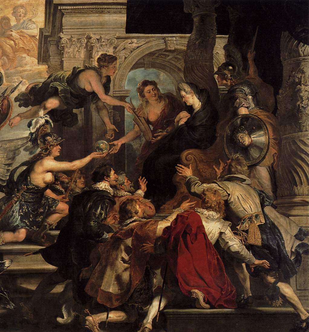 A Apoteose de Henrique IV e a Proclamação da Regência de Maria de Médicis em 14 de maio de 1610 (detalhe) de Peter Paul Rubens