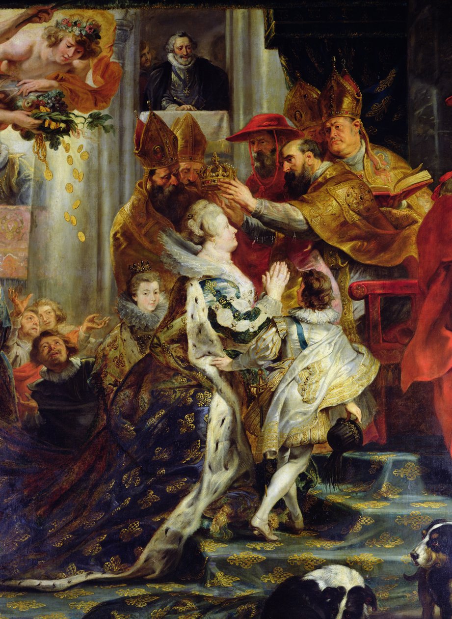 O Ciclo Medici: A Coroação de Maria de Médicis (1573-1642) em St. Denis, 13 de maio de 1610, detalhe da coroação, 1621-25 de Peter Paul Rubens