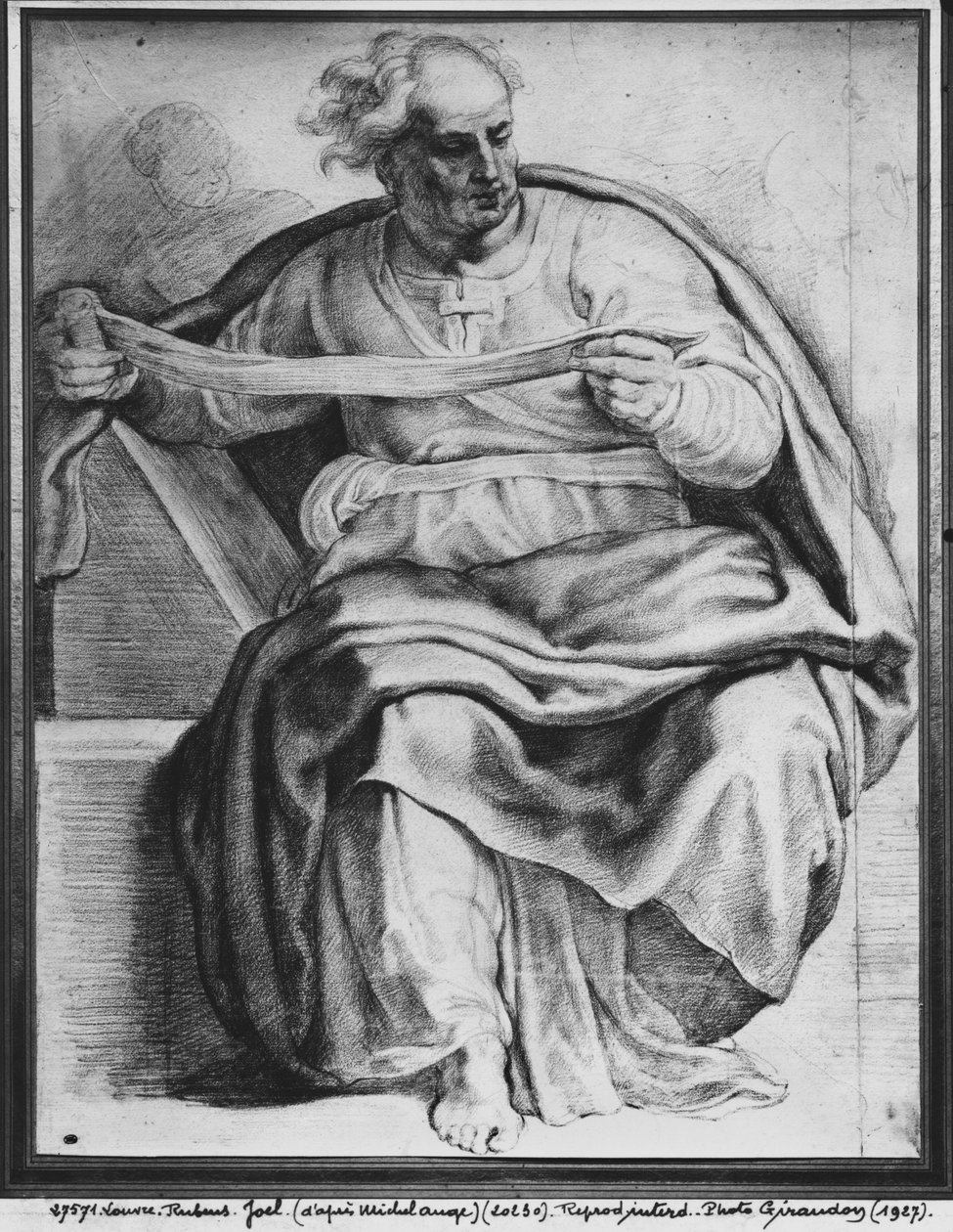 O Profeta Joel, depois de Michelangelo Buonarroti (pierre noire e giz vermelho sobre papel) de Peter Paul Rubens