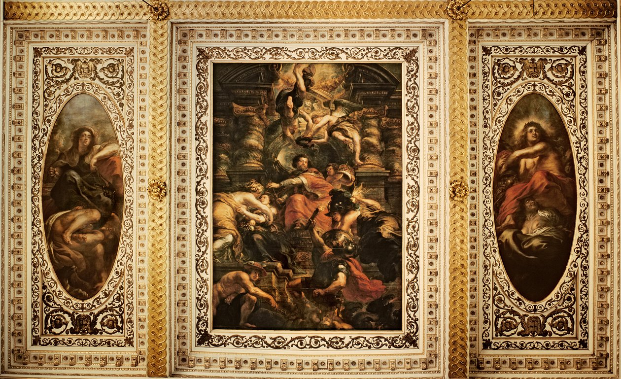 O Teto de Whitehall: O Reinado Pacífico do Rei James I (1566-1625) 1632-34 de Peter Paul Rubens