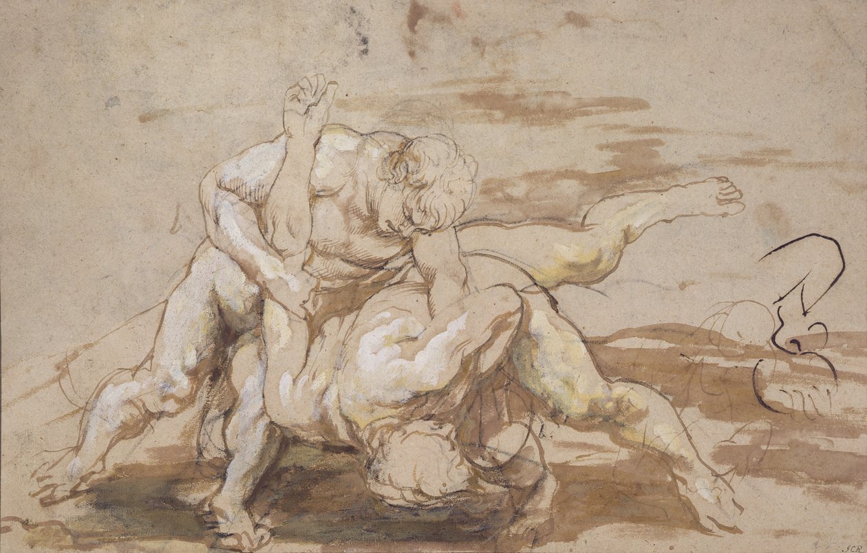 Dois homens lutando (carvão, caneta e tinta com a lavagem no papel) de Peter Paul Rubens