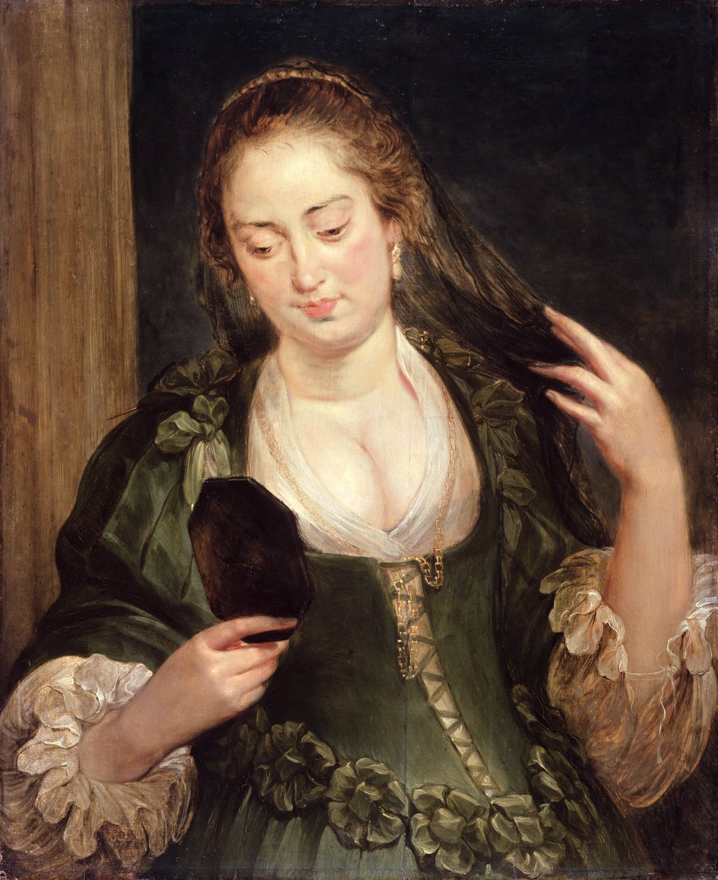 Menina com espelho (óleo em carvalho) de Follower of Peter Paul Rubens