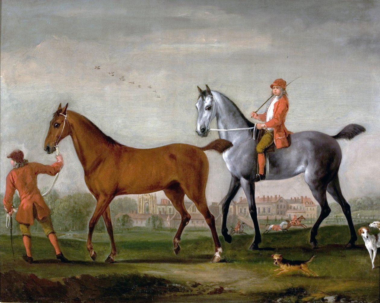 Dois cavalos de corrida com noivos e cães no parque em Newstead Abbey, Nottinghamshire, 1724 de Peter Tillemans
