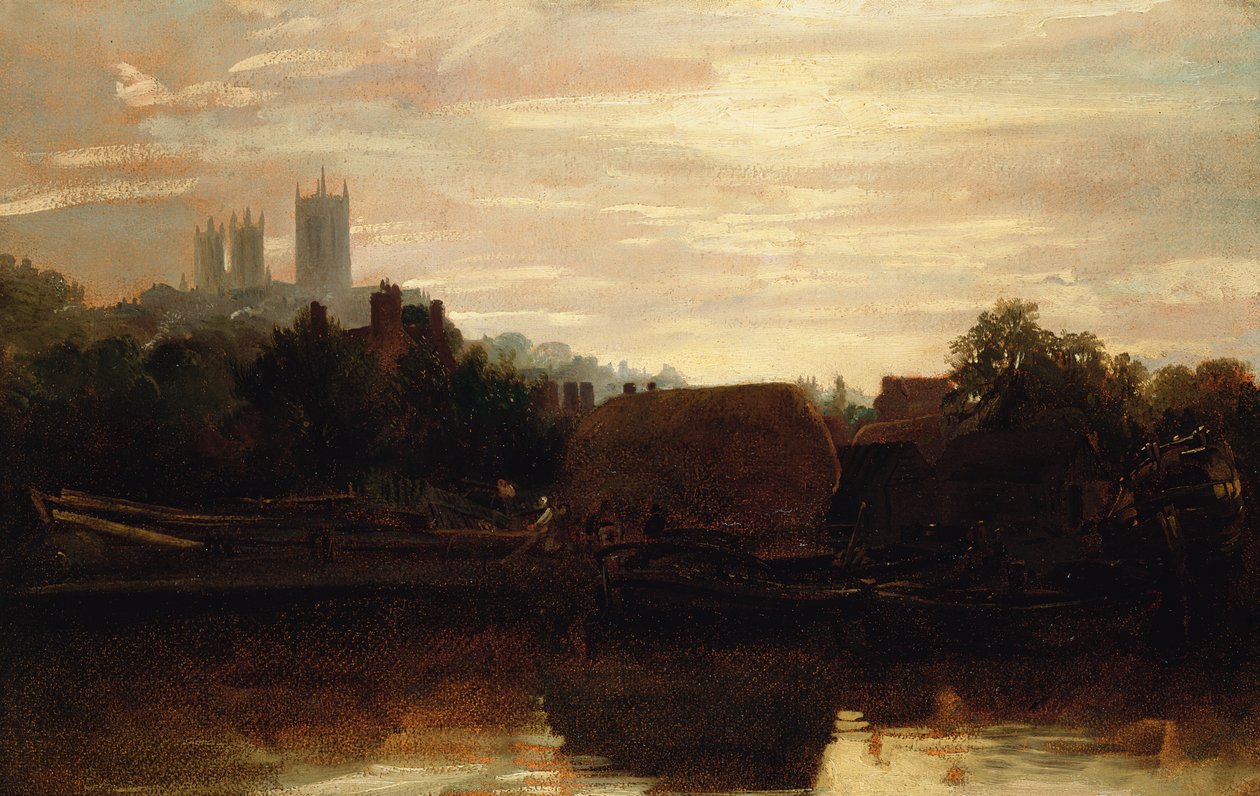 Uma visão de Lincoln do Foss Dyke, Dawn (óleo sobre papel colocado a bordo) de Peter de Wint