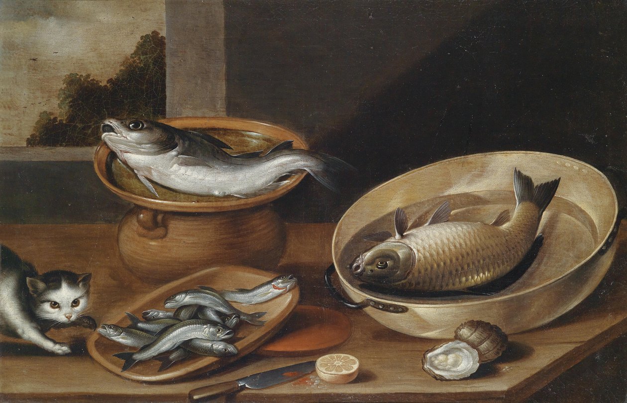 Peixe ainda vida com gato de Peter van Boucle