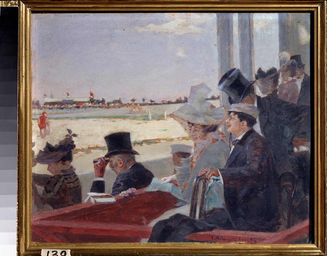 Andar a cavalo. Os espectadores na tribuna principal a assistir à competição equestre. Pintura de Pyotr Alexandrovich Nilus (Pierre Nilous) (1869-1940/1943), óleo sobre madeira de Peter Alexandrovich Nilus