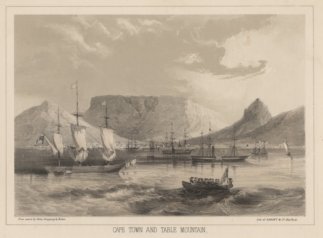 Cidade do Cabo e Montanha da Mesa, litho por Sarony und Co., 1855 (chromolitho) de Peter Bernhard Wilhelm Heine