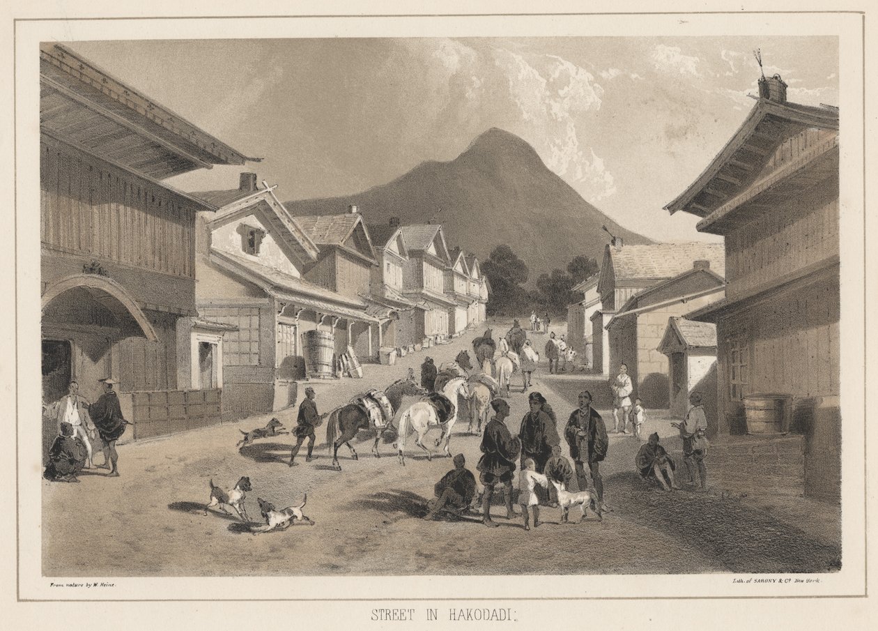 Rua em Hakodadi, litho por Sarony and Co., 1855 (chromolitho) de Peter Bernhard Wilhelm Heine