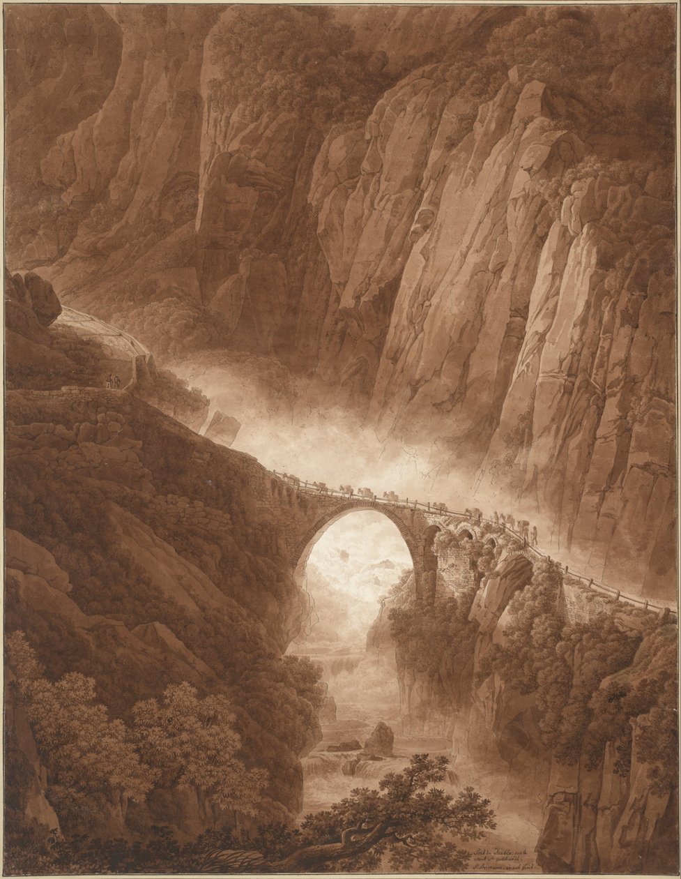 A ponte do diabo no desfiladeiro de Schöllenen no caminho através do St. Gotthard Pass com um trem de mula de Peter Birmann