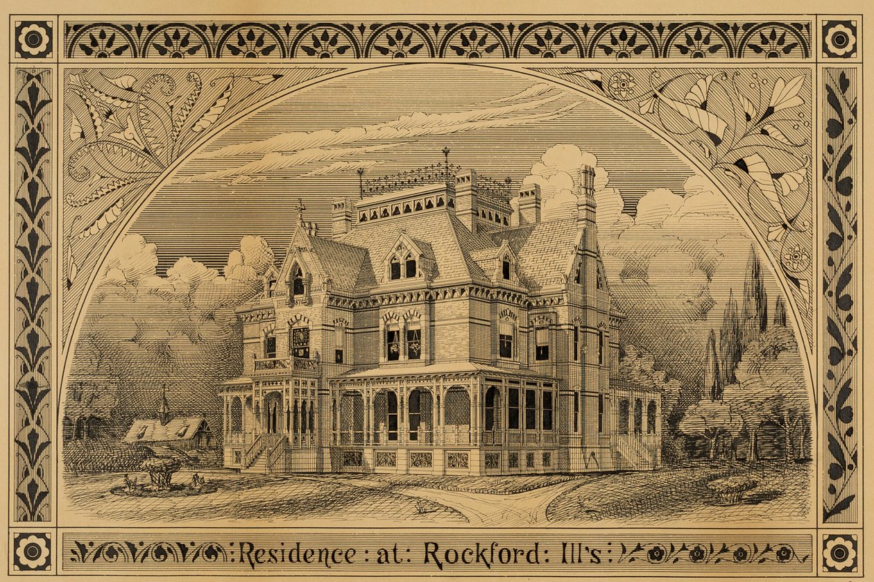 N. C. Thompson House, Rockford, Illinois, Perspectiva, 1876. de Peter Bonnett Wight