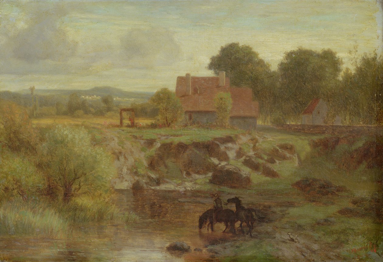 Cavalos atravessando um rio na Ile de France, 1855 de Peter Burnitz