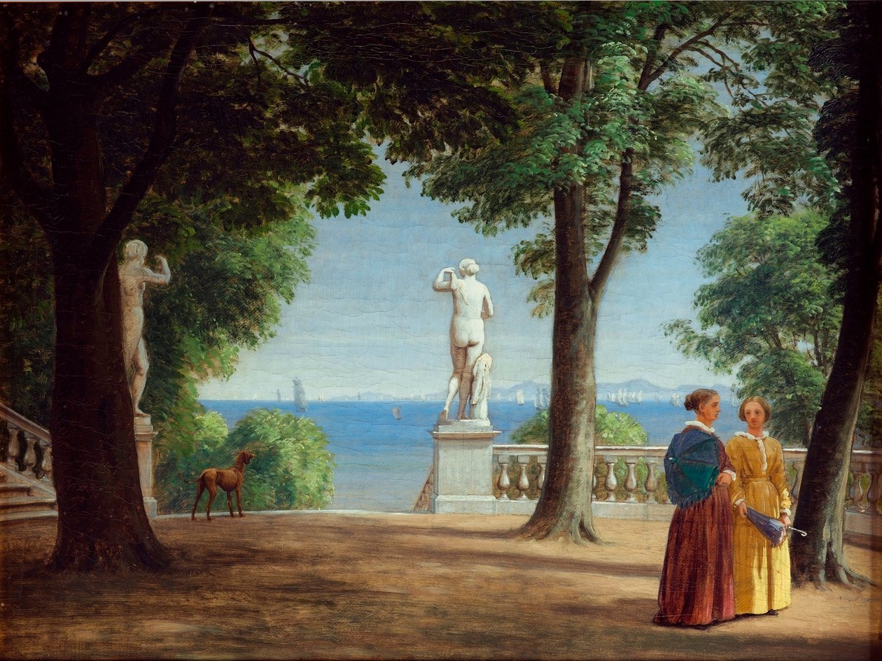 Vista para Kullen a partir de um terraço ajardinado com estátuas (óleo sobre tela) de Peter Christian Skovgaard