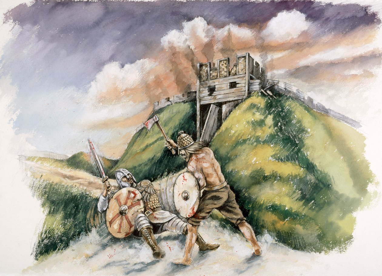 Cynric lutando contra os bretões em Old Sarum, 552 dC, c1990-2010 de Peter Dunn