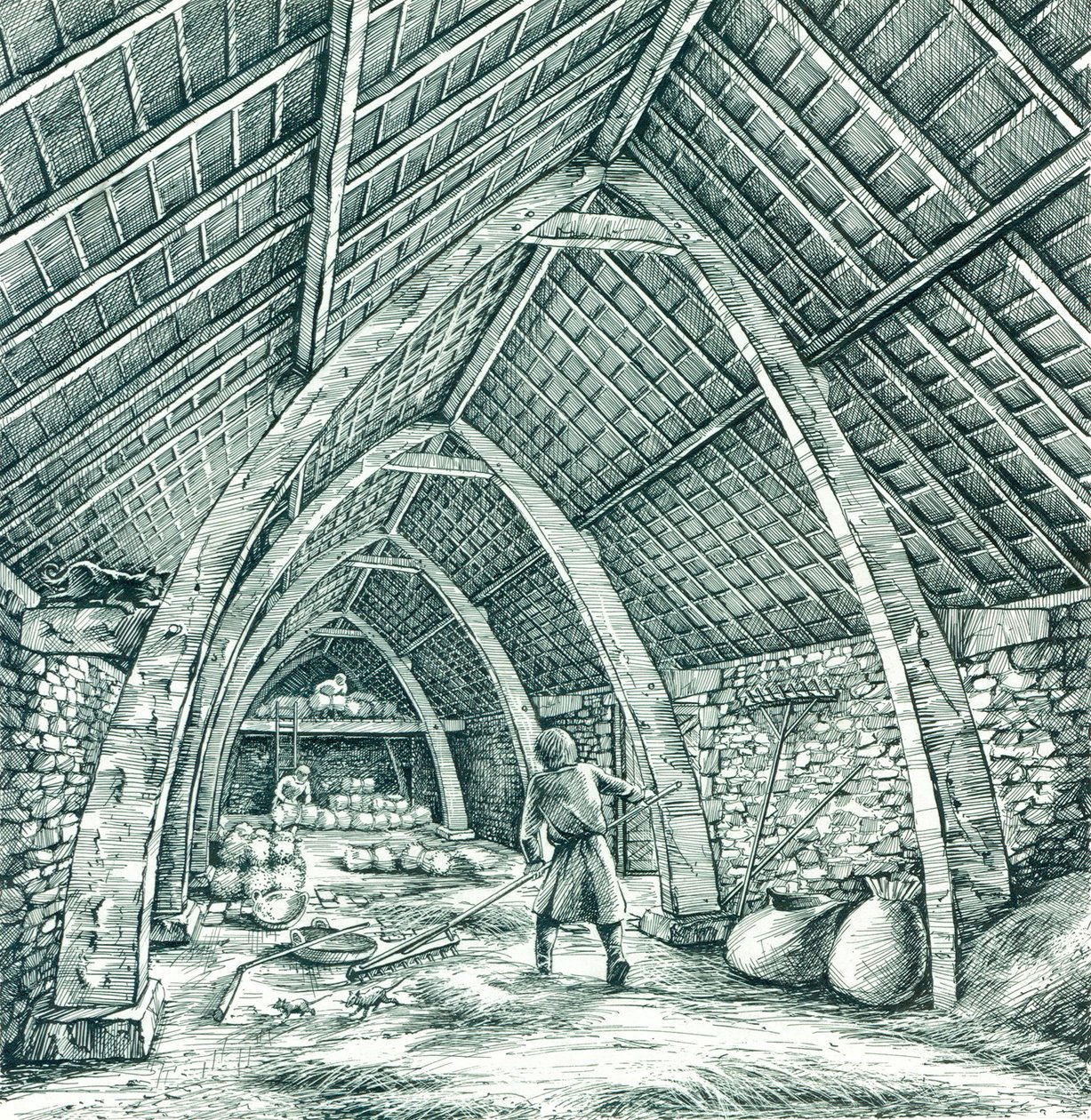 Celeiro do vicariato medieval, Wharram Percy, North Yorkshire, c1988-c2005. de Peter Dunn