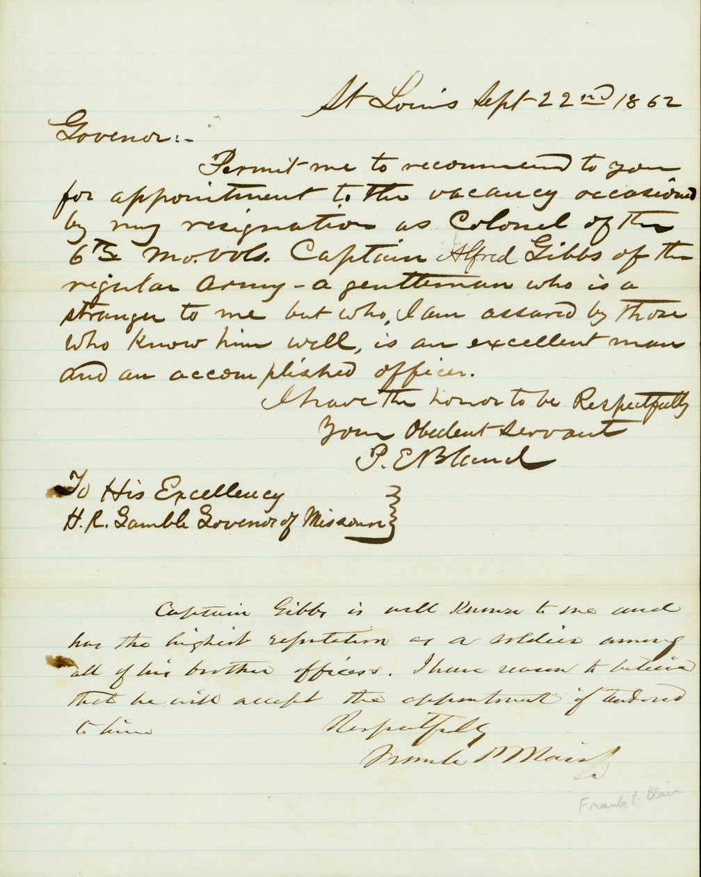 Carta assinada por P.E. Bland, St. Louis, a H.R. Gamble, Governador do Missouri, 22 de Setembro de 1862 de Peter E. Bland