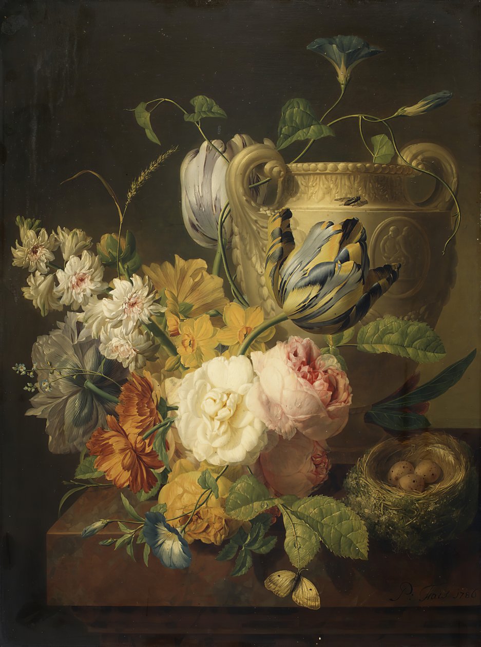 Flores por um vaso de pedra, 1786. de Peter Faes