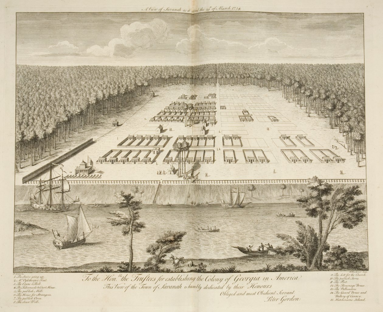 A View of Savannah, tal como estava em 29 de março de 1734, gravada por P. Fourdrinier, Londres, c.1735 (gravura) de Peter Gordon