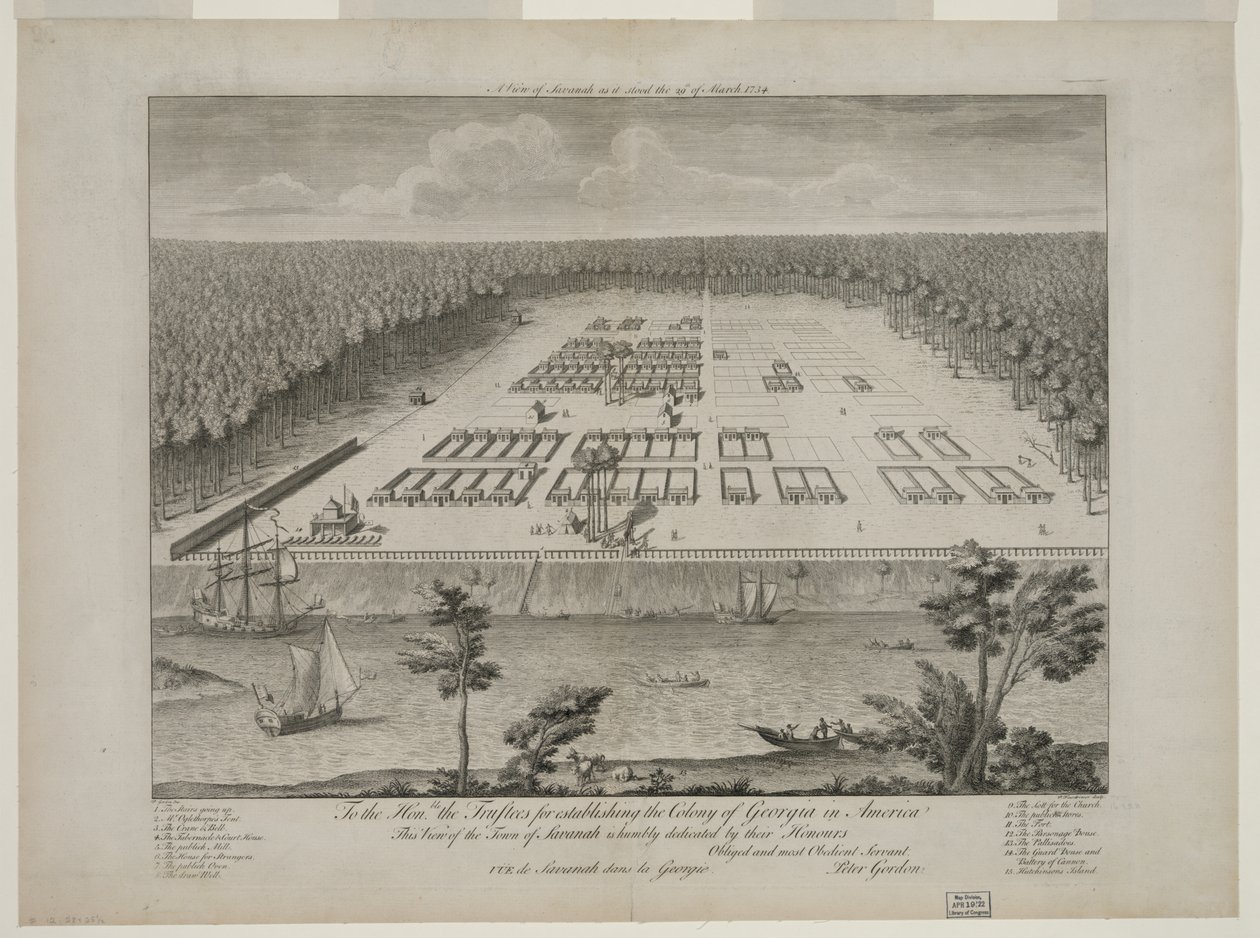A View of Savannah na sua versão de 29 de Março de 1734, gravada por P. Fourdrinier, Londres, c.1735 (gravura) de Peter Gordon