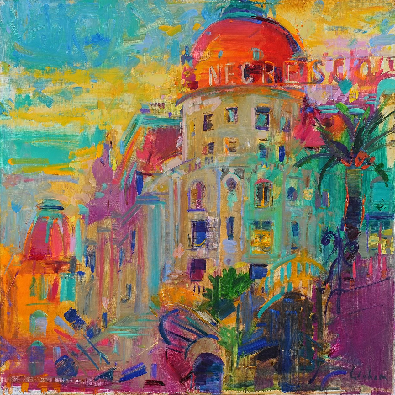 Promenade des Anglais, Sunset, 2023 (óleo sobre tela) de Peter Graham