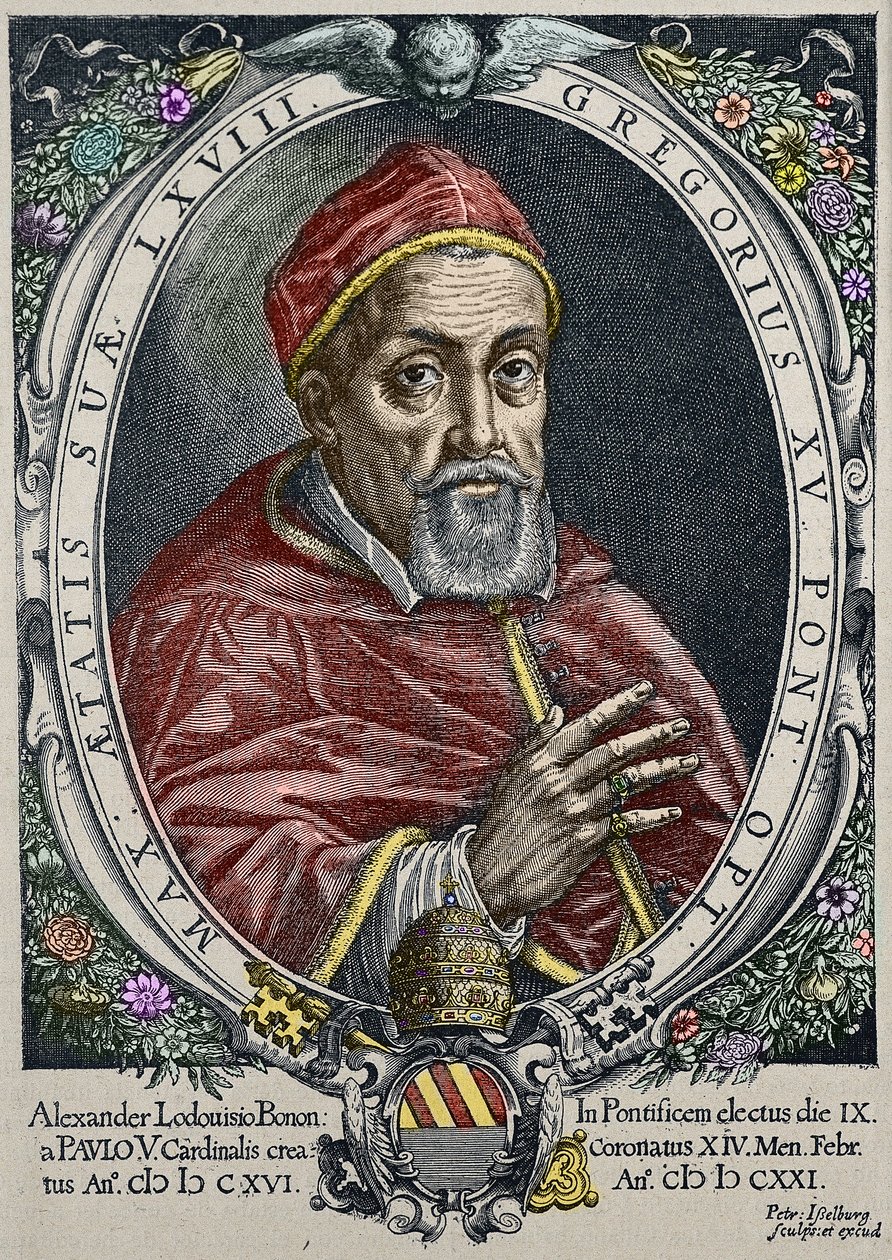 Representação do Papa Gregoire XV (Gregório, Gregório ou Gregório) (1554-1623) Gravura de Peter Isselburg - (Retrato do Papa Gregório XV (1554-1623), gravura de Peter Isselburg) Colecção privada de Peter Isselburg